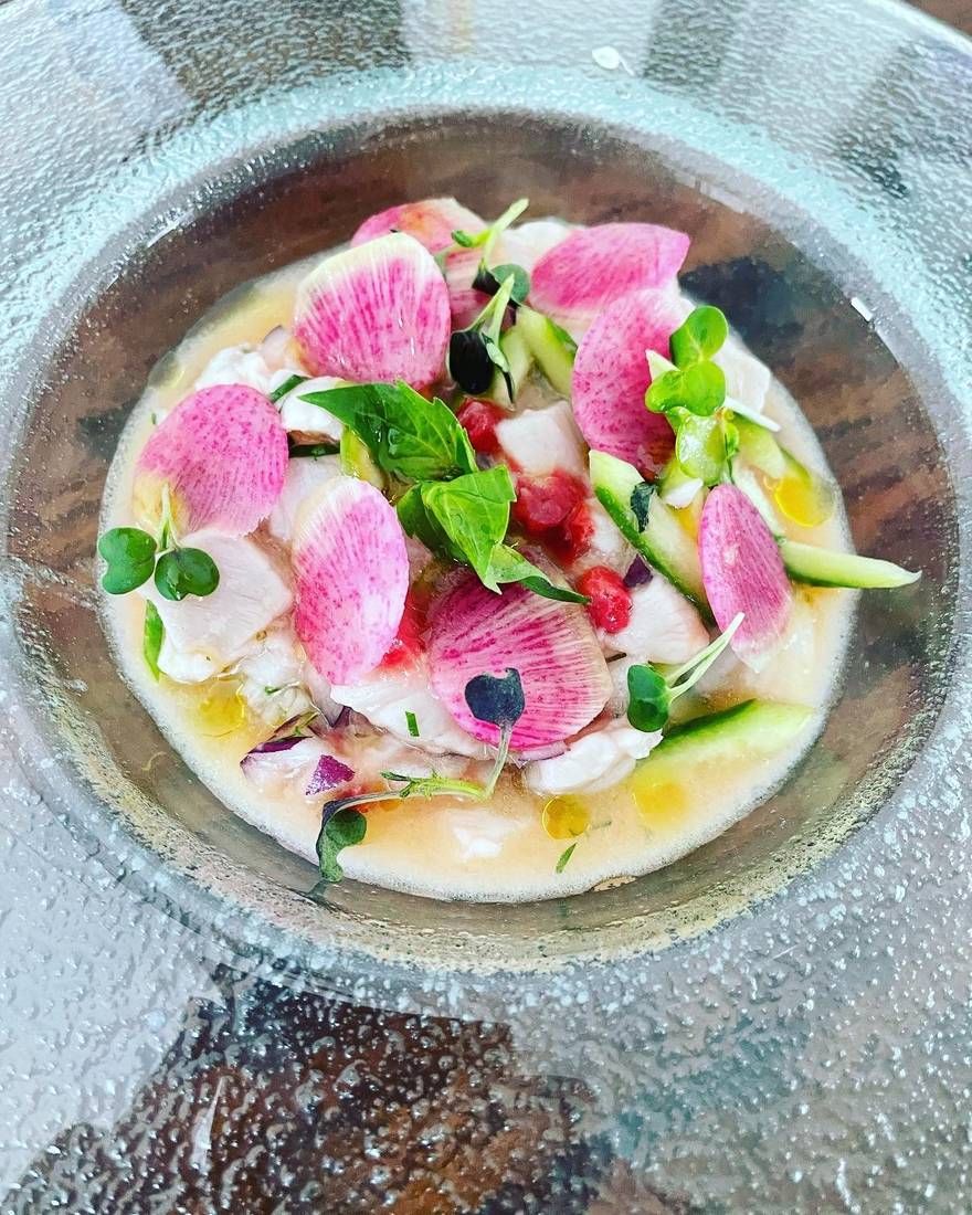 Ceviche with strawberries and watermelon radish, plated by private chef Jackson Locklear