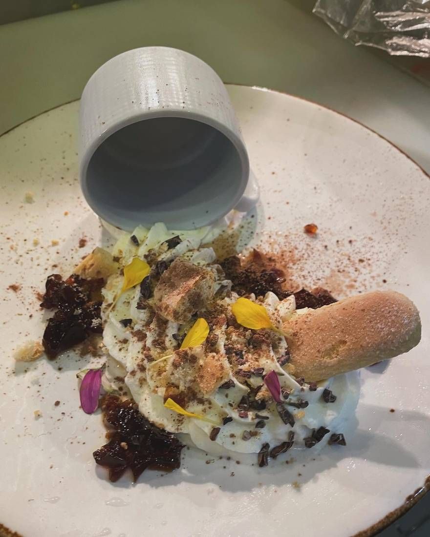 Deconstructed tiramisu with coffee gelée, plated by private chef Jackson Locklear