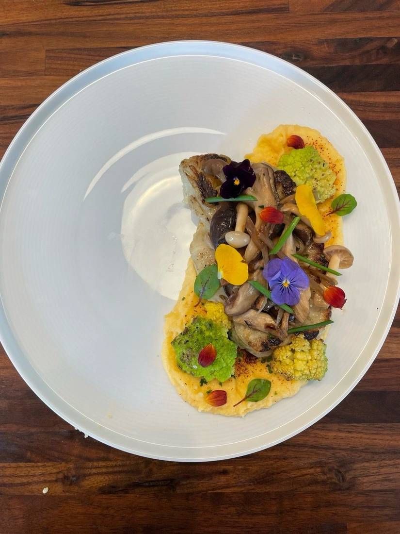 Sous vide cauliflower steak with chipotle rutabaga puree and romanesco, plated by private chef Jackson Locklear